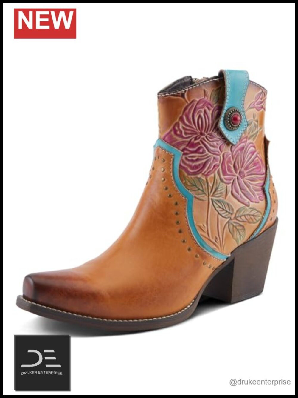 Leather Floral Mid-Calf Bootie Ankle Boots Stacked Heel Pointed Toe